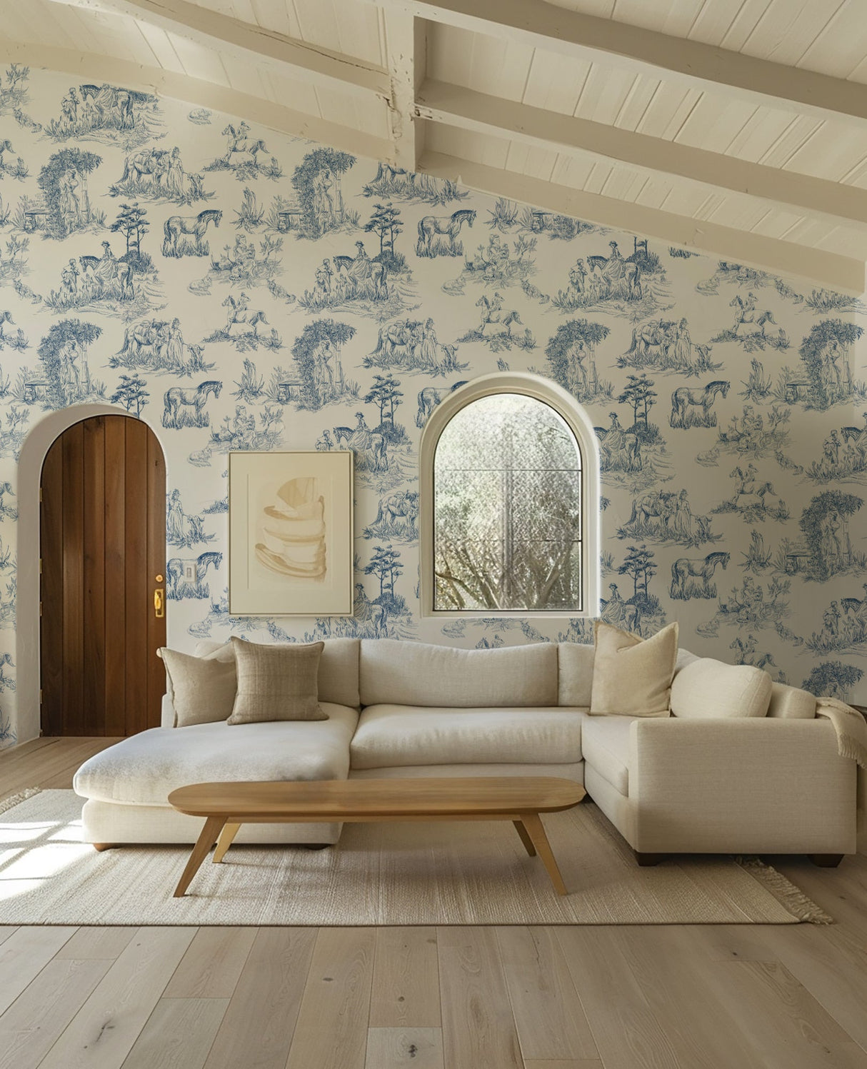 Finished toile wallpaper wall in an elegant living space