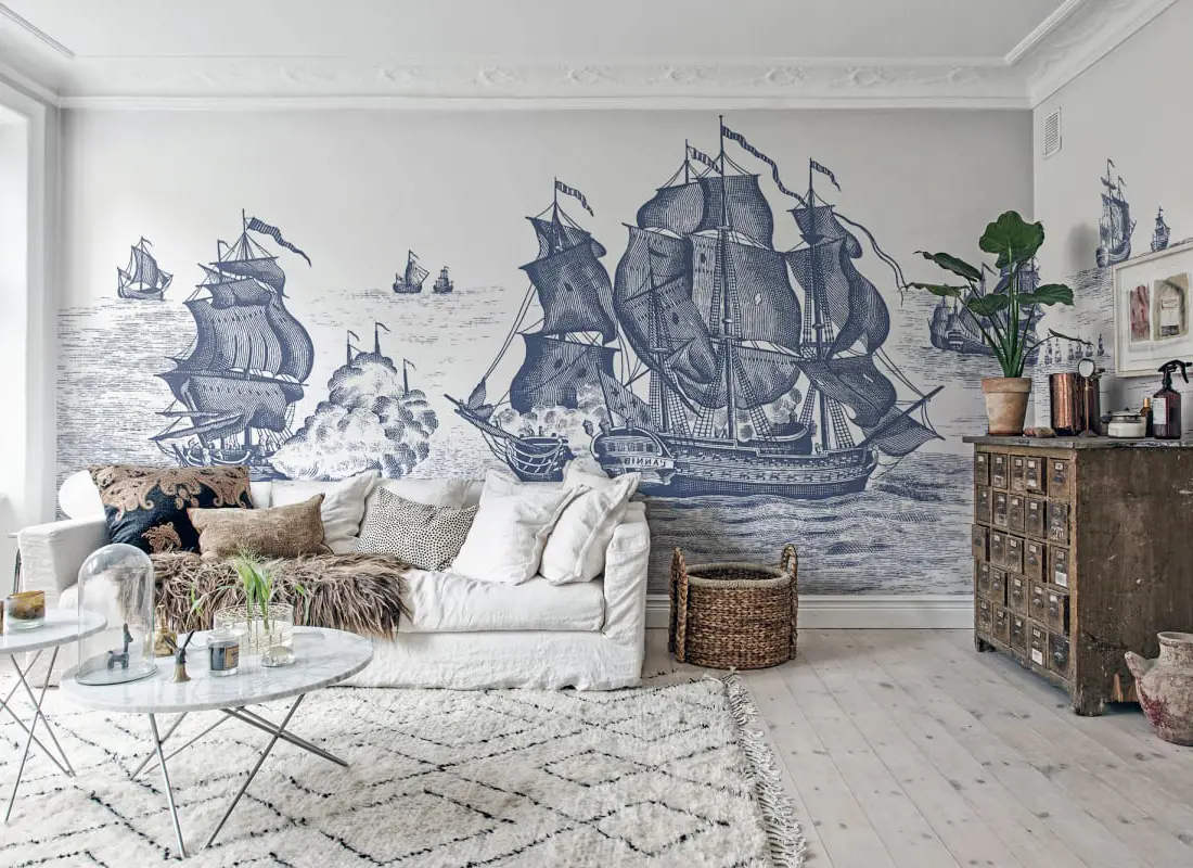 Professional mural wallpaper installation in a finished interior